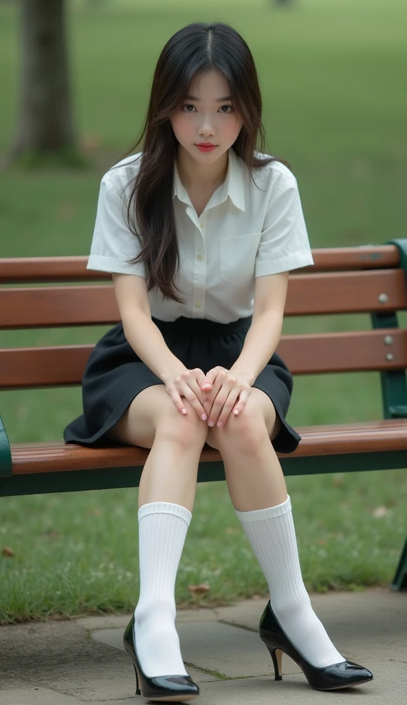 college girl, ite person, (school uniform, summer clothes, short sleeves), (slim, small, flat), photorealistic, detail, skin texture, ultra detail, delicate sexy collarbone, super detailed face, detailed lips, detailed eyes, double eyelids, knee bending leg sitting, squatting, white panties visible from skirt, sexy pose