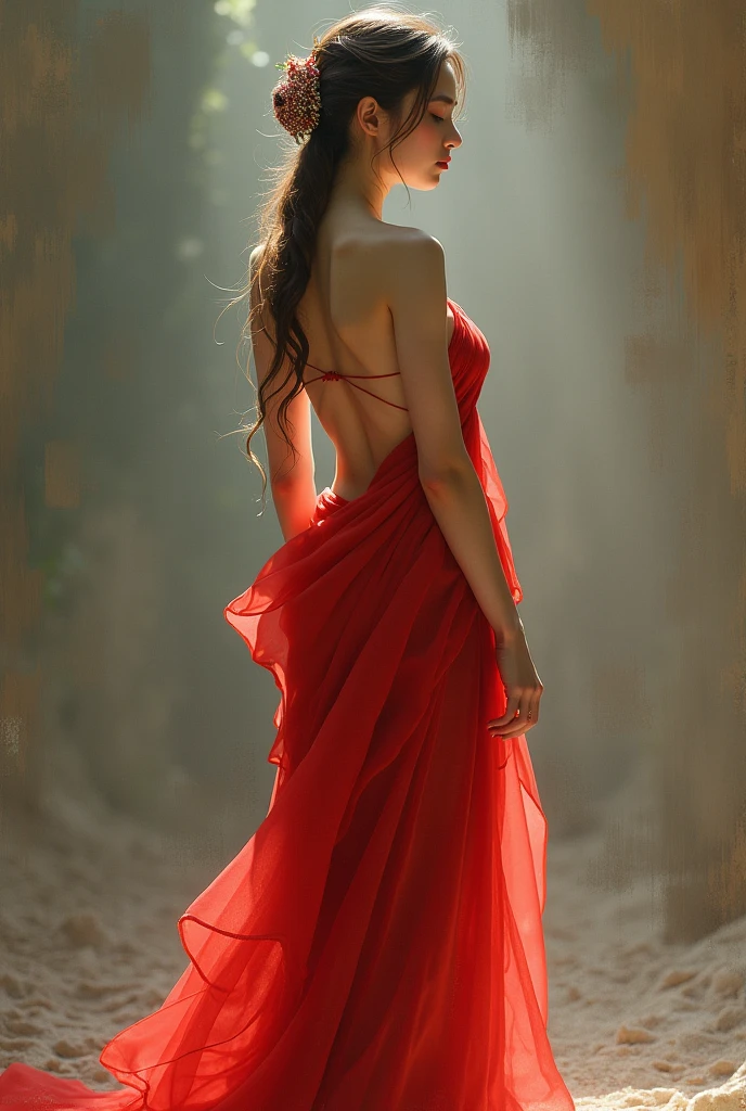 A Beautiful indian women who is in a red saree whose skin is white showing her big size booty from begind angle
