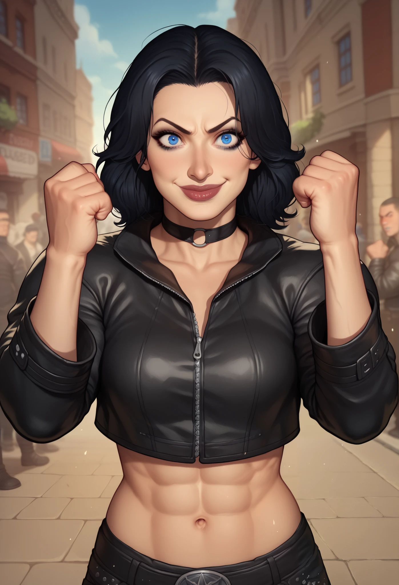 (((beautiful, high quality, comics style, detailed face))), score_9, score_8_up, score_7_up, BREAK, human, ((bignoselady, large nose, aquiline)), thick lips, goth girl aesthetic, jacked, beefy, muscular, oversized leather jacket, sexy face, full makeup, crazy smile. wearing black choker, black hair, crazy eyes, large eyes, blue eyes, BREAK, standing, ((fighting stance:1.1, figting pose, clenched hands)), midriff, motion lines:1.4, looking at the viewer, solo:1.4, streets outside, fantasy, blurred background, Expressiveh, detailxl