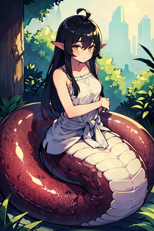 (detailed), (((1 girl))), big ass, (((black wavy hair))), (((pink pussy dripping))), (((naked))), (White skin), ((( In the middle of a forest))), ((Lamia))