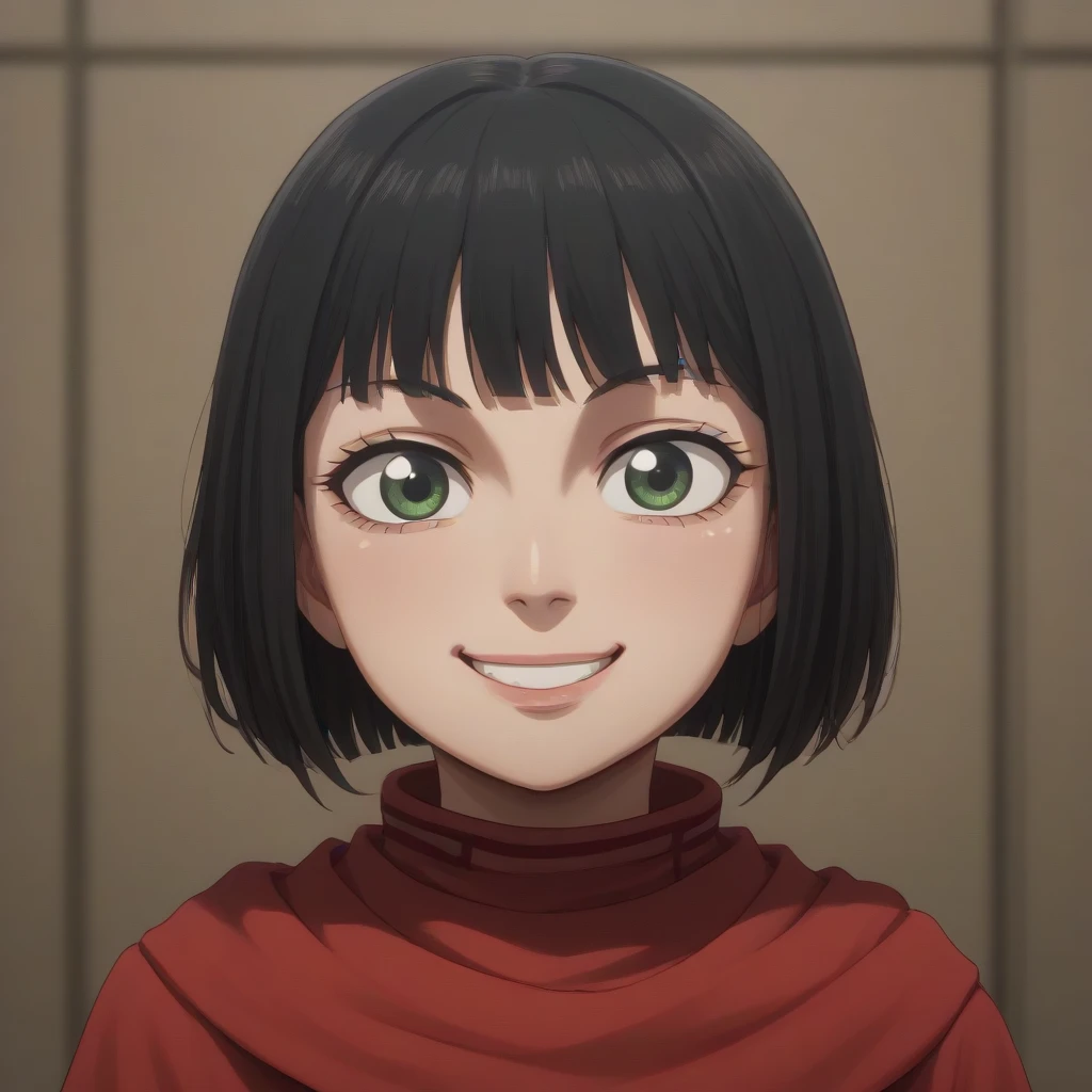 Fujifilm, UHD, masterpiece, textured skin, high details, best quality, highres, 8k, 16k    score_9, score_8_up, score_7_up,  (1child)  kyoukai  cowl   (Nishino Tsukasa) (((((evil smile))))) blond hair bob cut light  light smile 