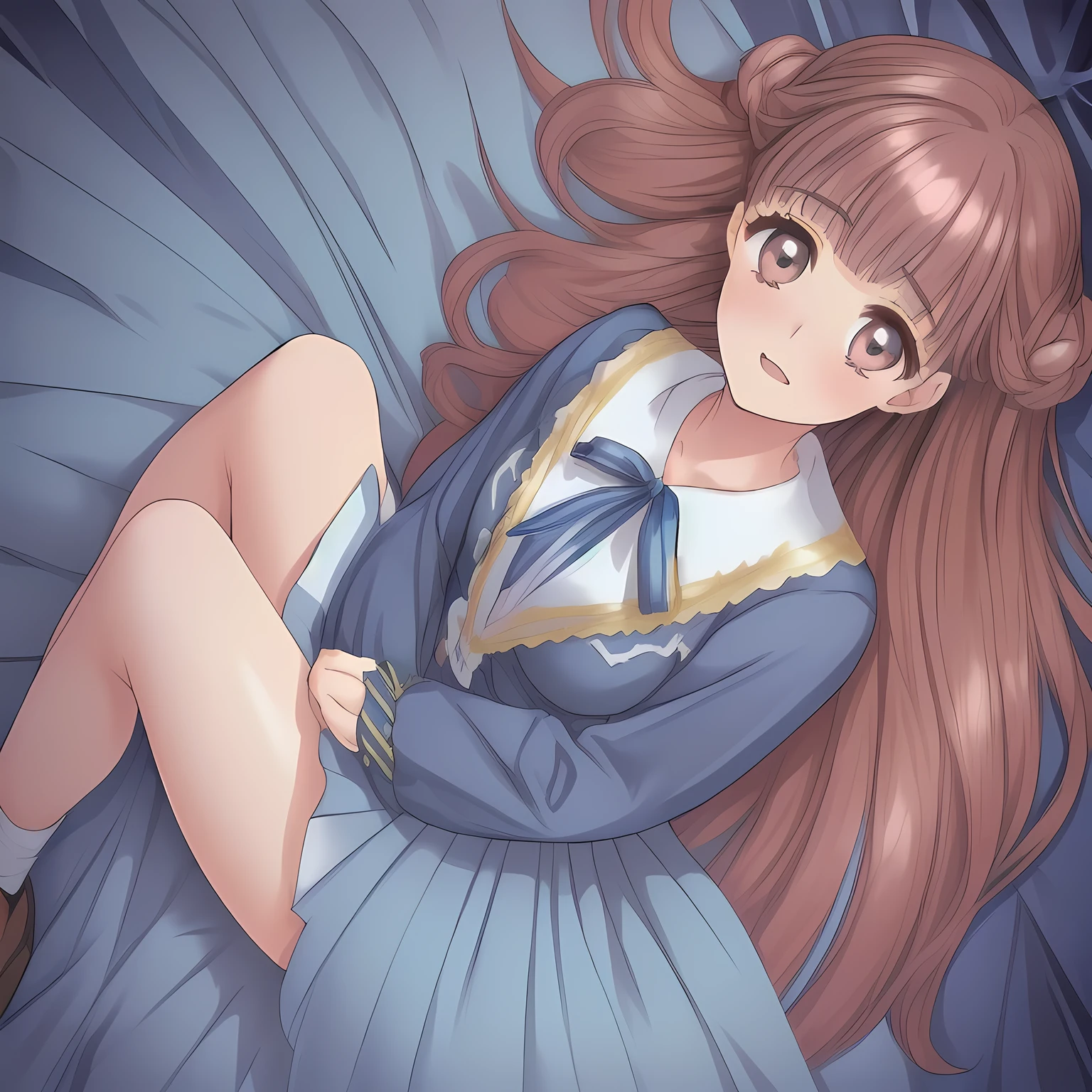 (highest quality, masterpiece: 1.6), (Too pretty intelligent girl with navy uniform is posing as a most beautiful heroine in a girl's date-games with a perfect supreme smile, looking down elegantly and laughing at the viewer, Too Beautiful noble beautiful anime noble heroine, unbelievable beauty, beautiful giggling noble elegant neat girl's date-gate heroine wares completely white neat blouse covered by navy-blue-expensive-blazer and navy-blue-checkered-pleats-school-skirt with metallic luster, the skirt should cover the knees to be neat, inviting me to the world of neat school-uniform pleasure, Noble Elegant blazer-style school uniform with prettiest blouse and blue-breast ribbon, beautiful legs with white socks, loafers: 1.5), (Anime-heroine's noble brown winked pretty eyes with profound intelligence are very narrowed due to extreme laugh.  Clearly double eye-ridged. The beauty of eyes have deep strong effect of allusion to melt the viewer's mind: 1.6), (Eyes, face and hair are especially beautifully detailed and beautifully drawn: 1.8), (Girl whom every girls admires because of her beauty and lovely fashion and noble manner and magic-charm: 1.4), (Very beautiful, wavy, neat glossy-black-hair, with elegant big yellow hair ribbons: 1.5), (Perfect style like a famous school fashion model whom everyone admire: 1.5), (Clearly-detailed well-colored beautiful atmosphere foreground: 1.8), (Dark-blue mystical background: 1.9), (Viewer can't to stop falling into mind-melting allusion by her beautiful seducing sweet pure soprano voice with extreme pleasure with high-class classic music: 1.8), (Take her laying full body prone shot and supine shot side by side. Only beautiful long legs can cross the center and can be intertwined: 1.5)