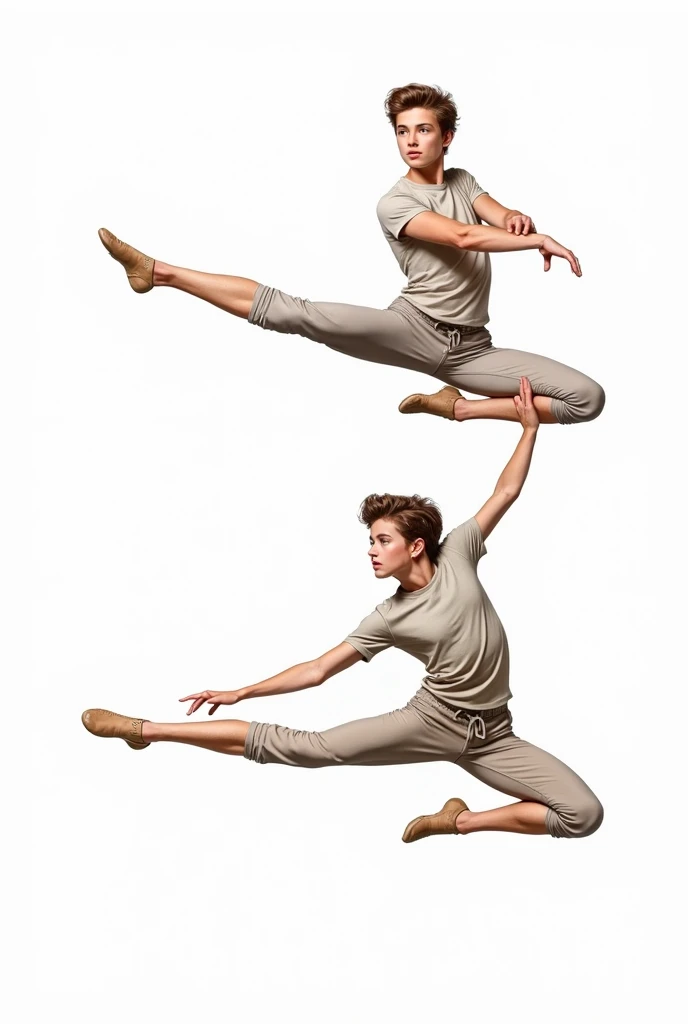 create a conceptual photograph of a very white man with a shaved head and dancing and wearing only a white swim trunks, white background, . jumping floating
