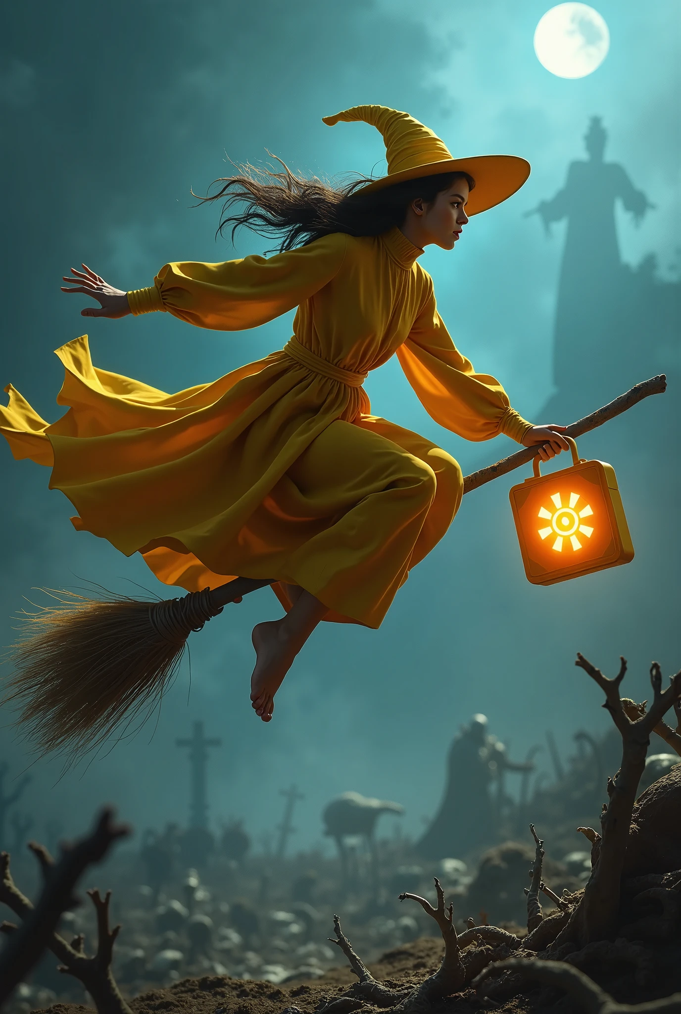 (photorealism:1.2), (photorealism:1.2), Young, 20 years old wizard girl, .s. Wearing deep yellow wizard robe, picton blue turtleneck. flying by sit down riding the  flying broomstick , with a hanging medium cube shape of first aid kit with sun logo shine brightly like a flashlight on the end stick, the sun logo is golden glemering, wearing pointly deep yellow wizard hat. escape pose. dim bettles field background with skeleton monsters. deep yellow long skirts. low view camera