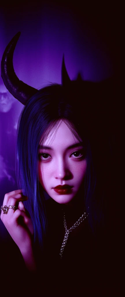  medium-long shot of a stunning Korean goth girl posing against a dark, mysterious backdrop bathed in eerie purple light. Her pale skin and jet-black hair seem to glow with an otherworldly luminescence. Her pure black eyes gleam like polished onyx as she gazes intensely into the distance, her sharp jawline and angular features framed by a wispy black veil that enhances her enigmatic allure. A large, shadowy demon, shrouded in black smoke, lurks behind her, acting as her guardian. The scene has an unsettling quality. Hyperrealistic textures, a vivid color palette, and impeccable 12k resolution contribute to this masterpiece.