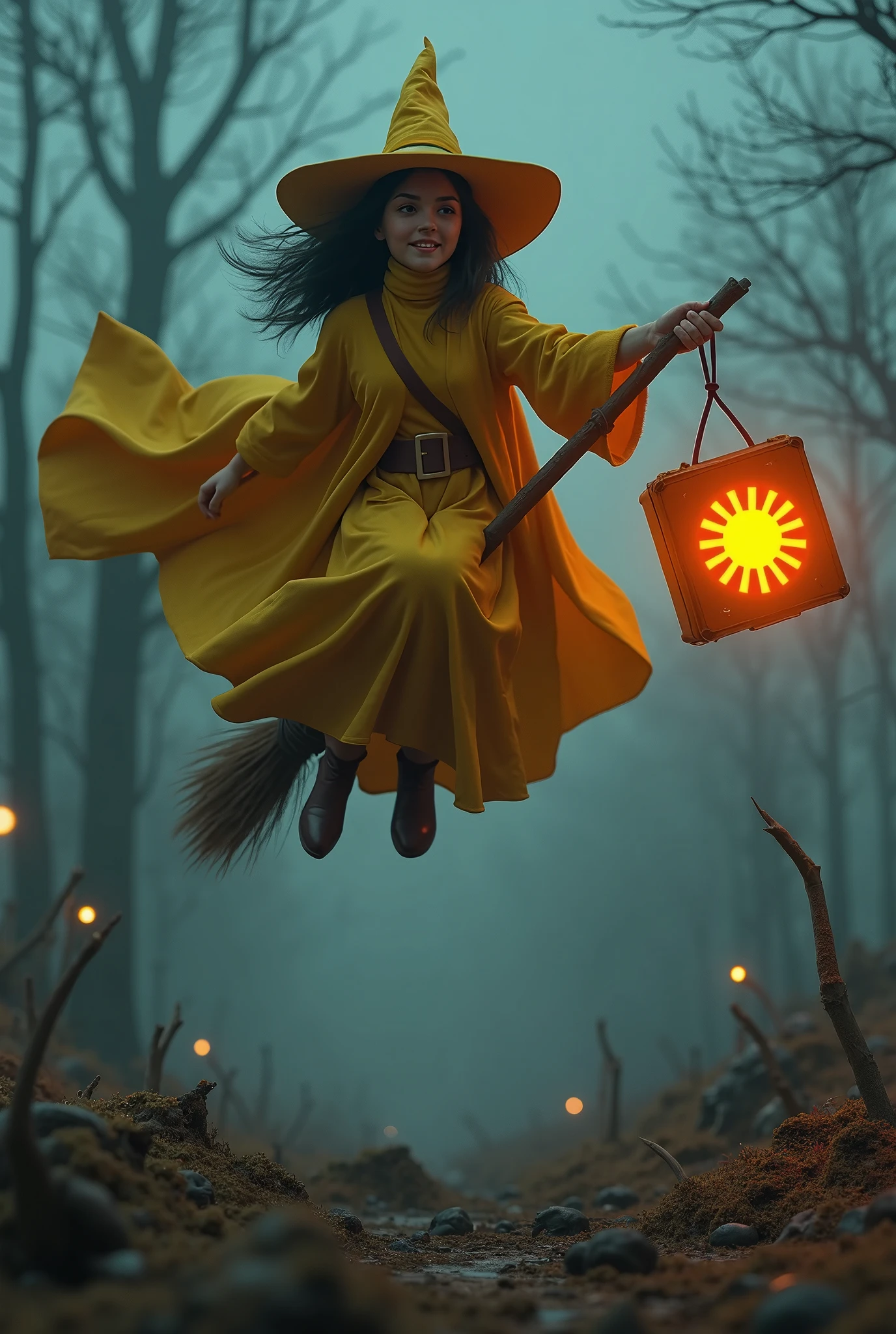 (photorealism:1.2), (photorealism:1.2), Young, 20 years old wizard girl, .s. Wearing deep yellow wizard robe, picton blue turtleneck. flying by sit down riding the  flying broomstick , with a hanging medium cube shape of first aid kit with sun logo shine brightly like a flashlight on the end stick, the sun logo is golden glemering, wearing pointly deep yellow wizard hat. escape pose. dim bettles field background with skeleton monsters. deep yellow long skirts. low view camera