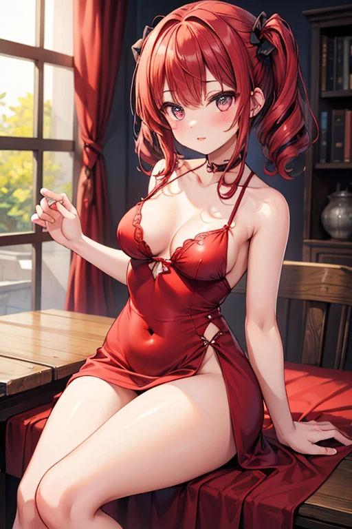 Une succube en robe rouge qui nous regarde sensuellement