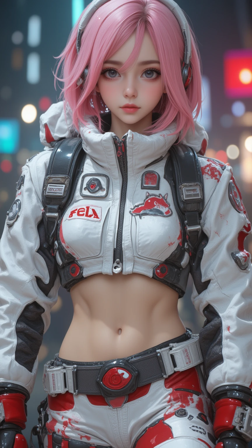 The focus is on the details and realism of the costumes and textures. The color palette mainly consists of white, red, and gray, with strong contrast and visual impact. The female character's design blends a more clunky, almost militaristic, or action-oriented aesthetic through cuteness (big eyes, soft features) and costumes and accessories. Pink hair looks great on the cold tone of the outfit. Her expression is neutral or a little serious. It is a highly detailed ensemble designed to look functional and futuristic. The jacket has a bulky, quilted or padded exterior that hints at protection or warmth. Specifically, the red accents of the gloves and shorts/leggings visually separate white for added pop of color. The various colors of the straps, buckles, and pouches suggest a tactical or practical design, suggesting they can play an action-oriented role for the character. The details of the outfit include a variety of patches, logos (which look partially), seams, and more, raising the realism. The character further emphasizes the practical aspects of the outfit by wearing a harness or satchel, such as a backpack. Several straps and belts add to the layered and complex look of the outfit. There may be subtle gems or piercings, but it's hard to tell clearly. The background is intentionally blurry and out of focus, bringing full attention to the character. Given the subtle hint of color in the background blur, it seems to suggest that it might be the city or the urban environment, maybe the night.