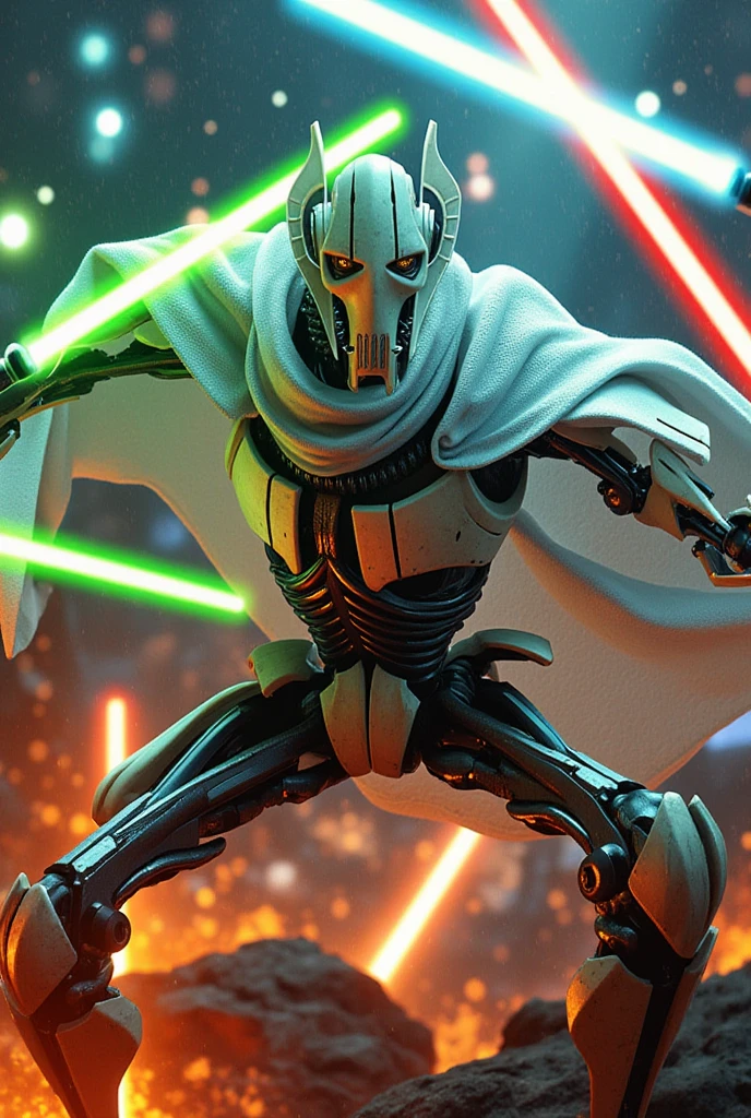 GeneralGrievous,General Grievous' dynamic actions, realistic and stylish appearance, and intense battle scenes as he wields multiple lightsabers (red, blue, green, etc.) and engages in fierce combat against a backdrop of explosions and flames. He wears a white cape.masterpiece,best quality,ultra detailed,8k portrait,highly detailed,super detailed skin,highly detailed background