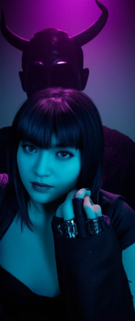  medium-long shot of a stunning Korean goth girl posing against a dark, mysterious backdrop bathed in eerie purple light. Her pale skin and jet-black hair seem to glow with an otherworldly luminescence. Her pure black eyes gleam like polished onyx as she gazes intensely into the distance, her sharp jawline and angular features framed by a wispy black veil that enhances her enigmatic allure. A large, shadowy demon, shrouded in black smoke, lurks behind her, acting as her guardian. The scene has an unsettling quality. Hyperrealistic textures, a vivid color palette, and impeccable 12k resolution contribute to this masterpiece.