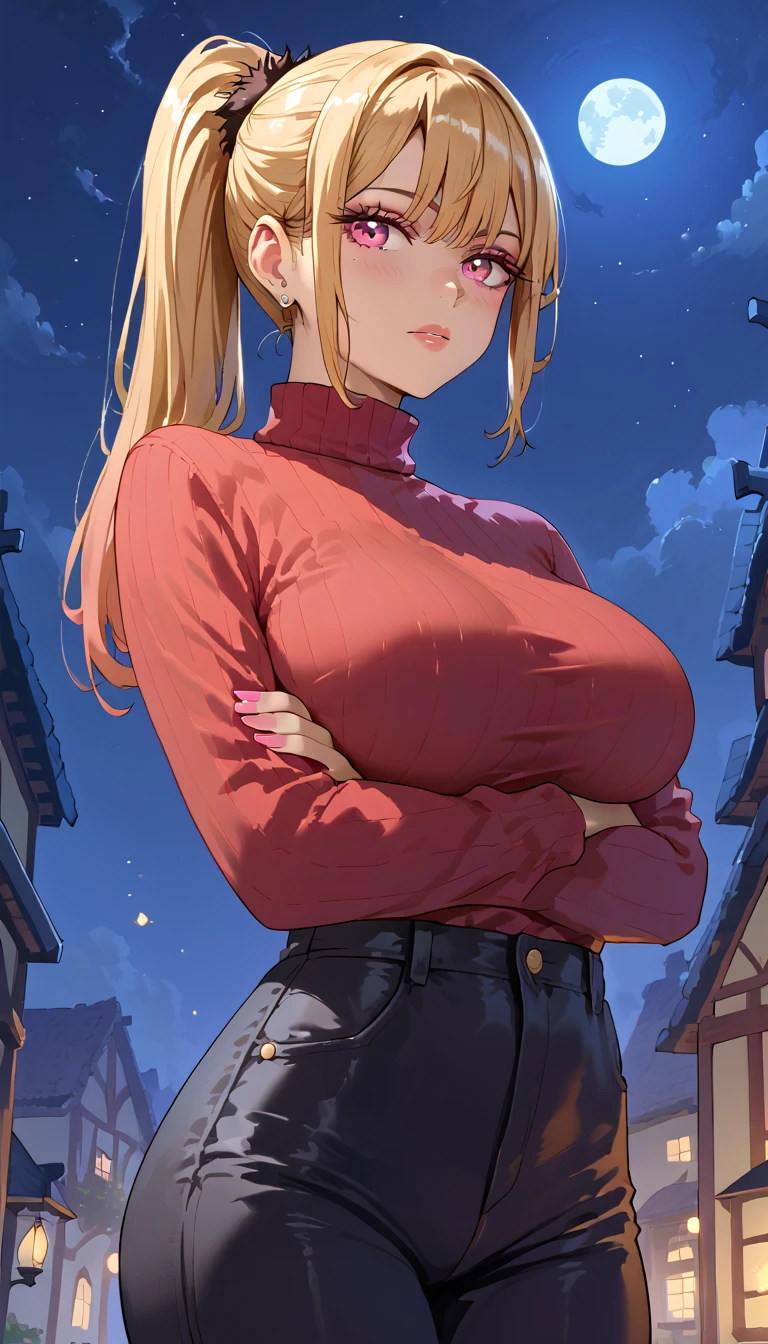 ((Best quality)), ((Masterpiece)), (Details) (Big Breasts), Kitagawa Marin, (Red open-chested turtleneck top with black skinny pants),  (Details level4K),    (Stand with arms crossed), (Blonde hair with light pink ends), (night), (moonlight), (Ponytail), (maximum facial details),  