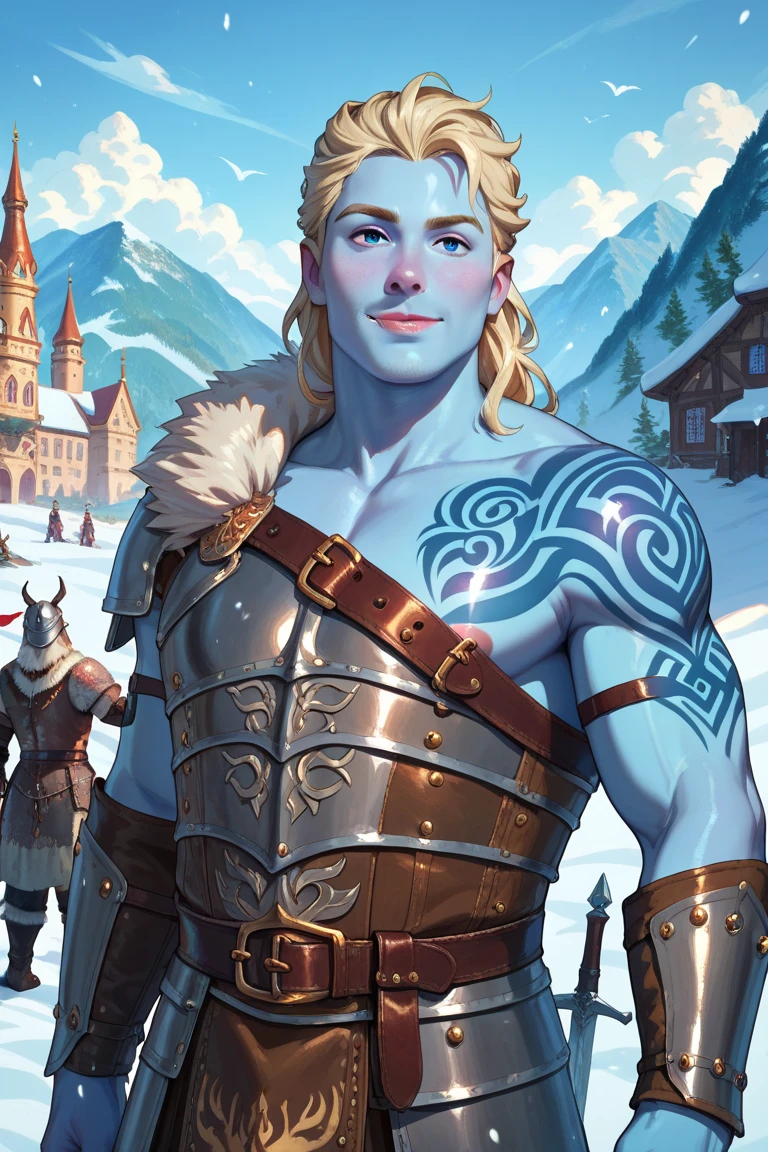 (male human), frozen land, snow, viking warrior, Nordic clothing, leather armor, animal clothing, body tattoo, (blue skin), ancient Nordic city, medieval fantasy