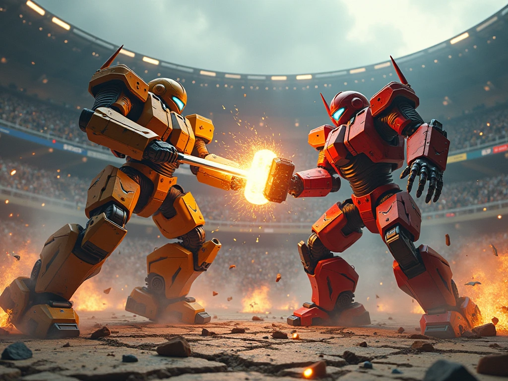 Two powerful robot gladiators clash in an epic battle within a high-tech arena, their dynamic movements leaving a trail of destruction in their wake. One wields a glowing plasma sword, while the other counters with a massive energy hammer, sparks and debris flying with every strike. The ground beneath them cracks, and shattered pieces of the arena's metallic walls scatter as their combat intensifies. The scene is captured mid-action, showcasing their intricate designs, glowing cores, and battle-damaged armor. The camera freezes the chaos, highlighting the explosive energy bursts and the crumbling environment, while a roaring crowd watches in awe from the stands.