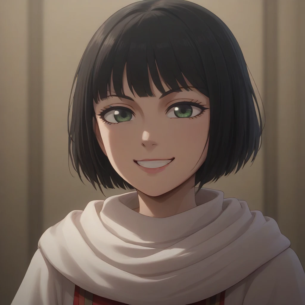 Fujifilm, UHD, masterpiece, textured skin, high details, best quality, highres, 8k, 16k    score_9, score_8_up, score_7_up,  (1child)  kyoukai  cowl   (Nishino Tsukasa) (((((evil smile))))) blond hair bob cut light  light smile 