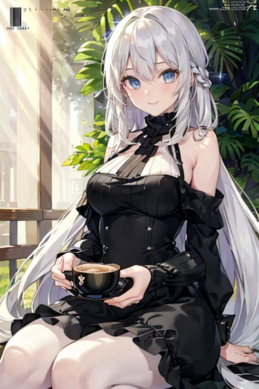 ,Girl,Best image quality,,Silver Hair,,Red Eyes,,White skin,Long Hair,Straight Hair,Western-style building,indoor,Lily flower,dress,Black tea,Frills,,
