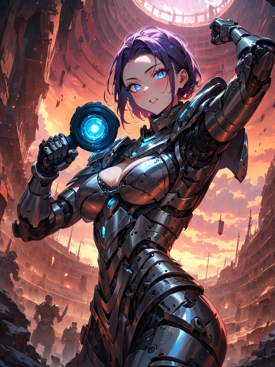 (masterpiece, best quality, very aesthetic, absurd), (8k, RAW photo, best quality), (highly detailed wallpaper), 

perfect body, anatomically correct, beautiful face, beautiful eyes, 

cyborg female gladiator standing triumphant, in ancient gladiator costume, holding a sword, mechanical body, exposed wiring, futuristic Colosseum background,

sunset backdrop, glowing eyes, raised fist, 

futuristic Colosseum background, dramatic camera angle, highly detailed, 