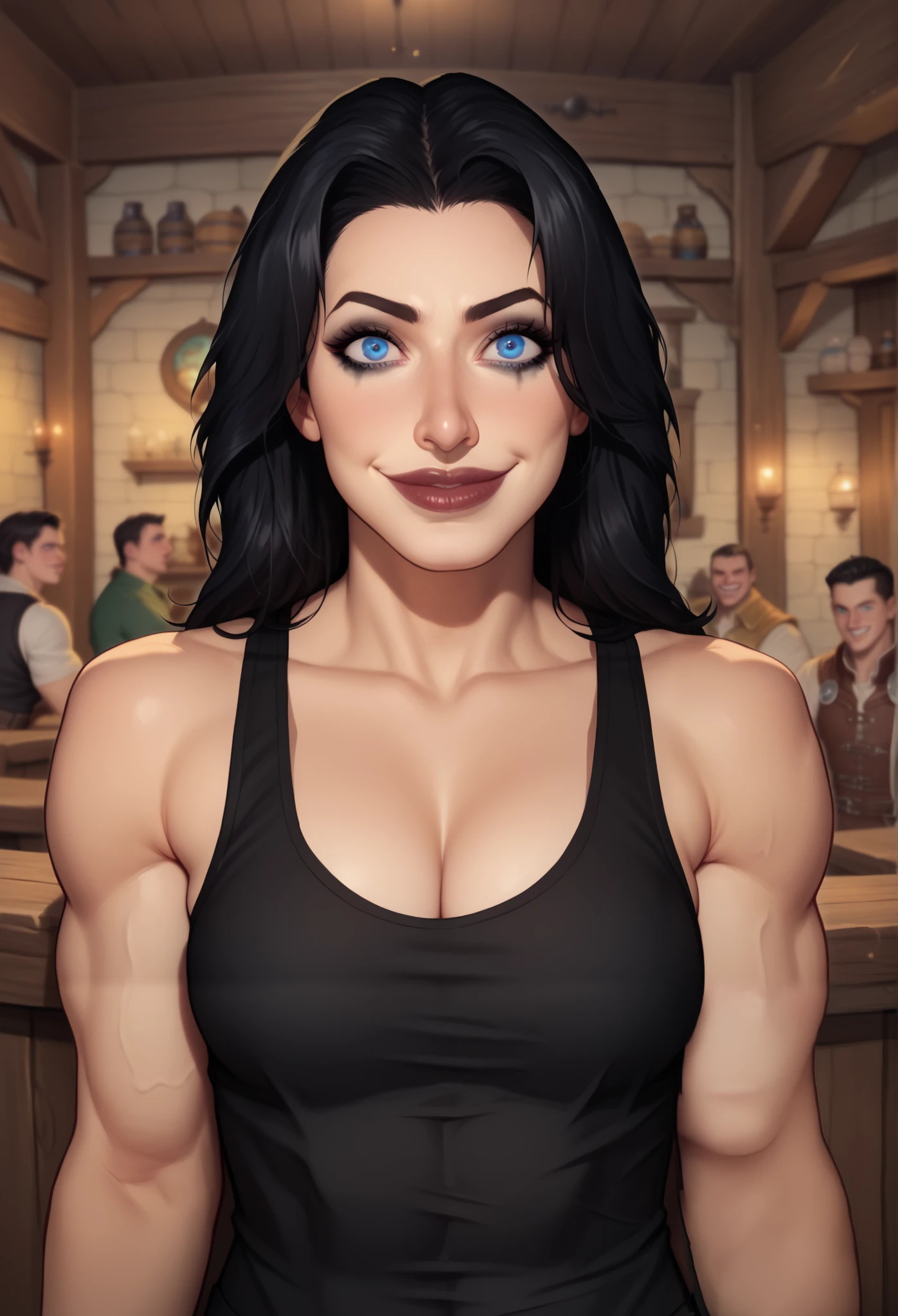 (((beautiful, high quality, comics style, detailed face))), score_9, score_8_up, score_7_up, BREAK, human, ((bignoselady, large nose, aquiline)), thick lips, goth girl aesthetic, jacked, beefy, muscular,sexy face, full makeup, crazy smile:1.4, wearing black choker, oversized leather, tank top, black hair, crazy eyes, large eyes, blue eyes, FLEXING, looking at the viewer, front view, solo:1.4, tavern, fantasy, blurred background, (dynamic lighting:1.1) ((masterpiece)), Expressiveh, detailxl