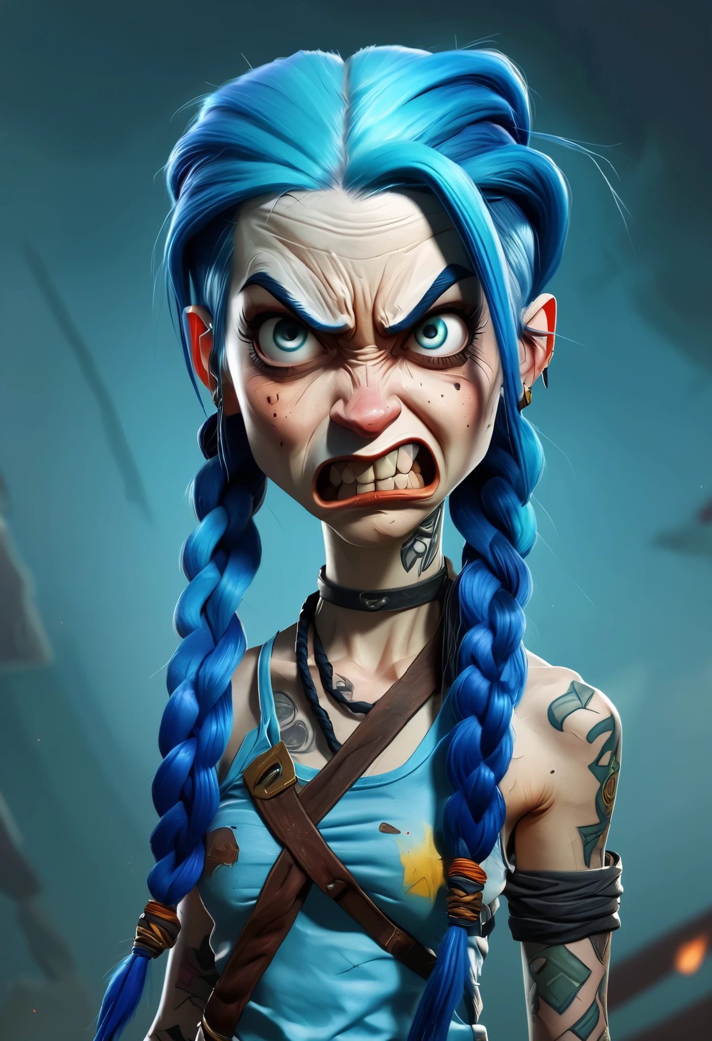 a  full-body cartoon caricature of Jinx in dynamic fight pose, hot girl with blue hair with two long braids, angry face, portrait, exaggerated features with a large nose and big eyes. Masterpiece, Best Quality, Realistic, glowing, textures, 4K. Army background.