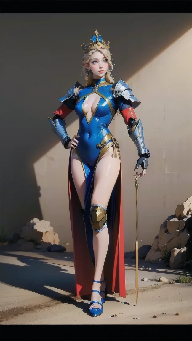 1girl, smile, (large breasts), KnightFFT, long hair, blonde hair, blue eyes, cape, armor, blue dress, belt, gloves, boots