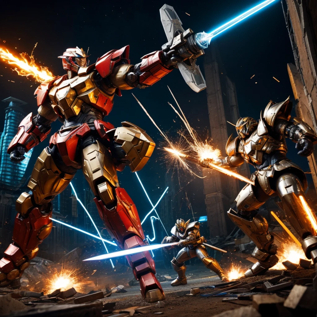 Two powerful robot gladiators clash in an epic battle within a high-tech arena, their dynamic movements leaving a trail of destruction in their wake. One wields a glowing plasma sword, while the other counters with a massive energy hammer, sparks and debris flying with every strike. The ground beneath them cracks, and shattered pieces of the arena's metallic walls scatter as their combat intensifies. The scene is captured mid-action, showcasing their intricate designs, glowing cores, and battle-damaged armor. The camera freezes the chaos, highlighting the explosive energy bursts and the crumbling environment, while a roaring crowd watches in awe from the stands.