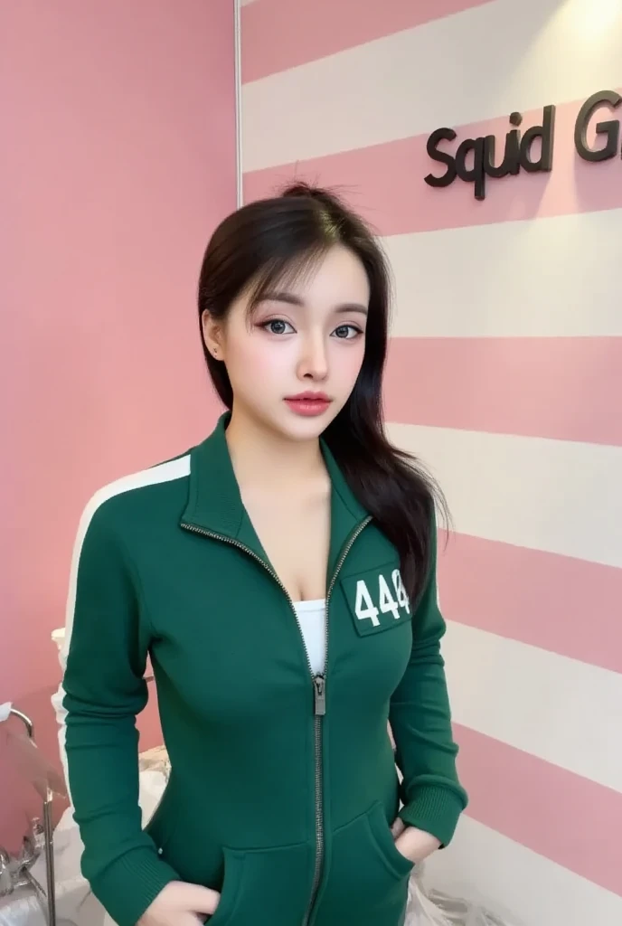 A 25-year-old Korean woman with long hair, a pretty face with clear details, wearing a green Squid Game outfit, green long-sleeved overalls with white stripes. The zipper unzipped, revealing her breasts. On her right chest is the number 444. She stands in a room with pink and white stripes and the text "Squid Game" written in black, contrasting with the pink on the wall.