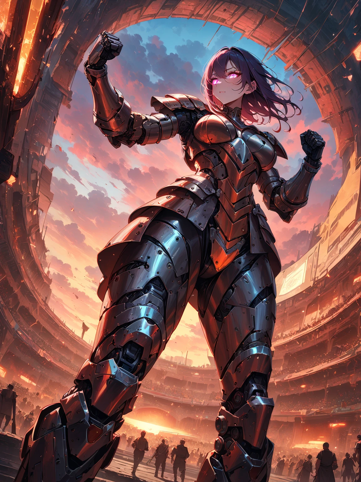 (masterpiece, best quality, very aesthetic, absurd), (8k, RAW photo, best quality), (highly detailed wallpaper), 

cyborg female gladiator standing triumphant, in ancient gladiator costume, holding a sword, mechanical body, exposed wiring, futuristic Colosseum background,

sunset backdrop, glowing eyes, raised fist, 

futuristic Colosseum background, dramatic camera angle, highly detailed, 