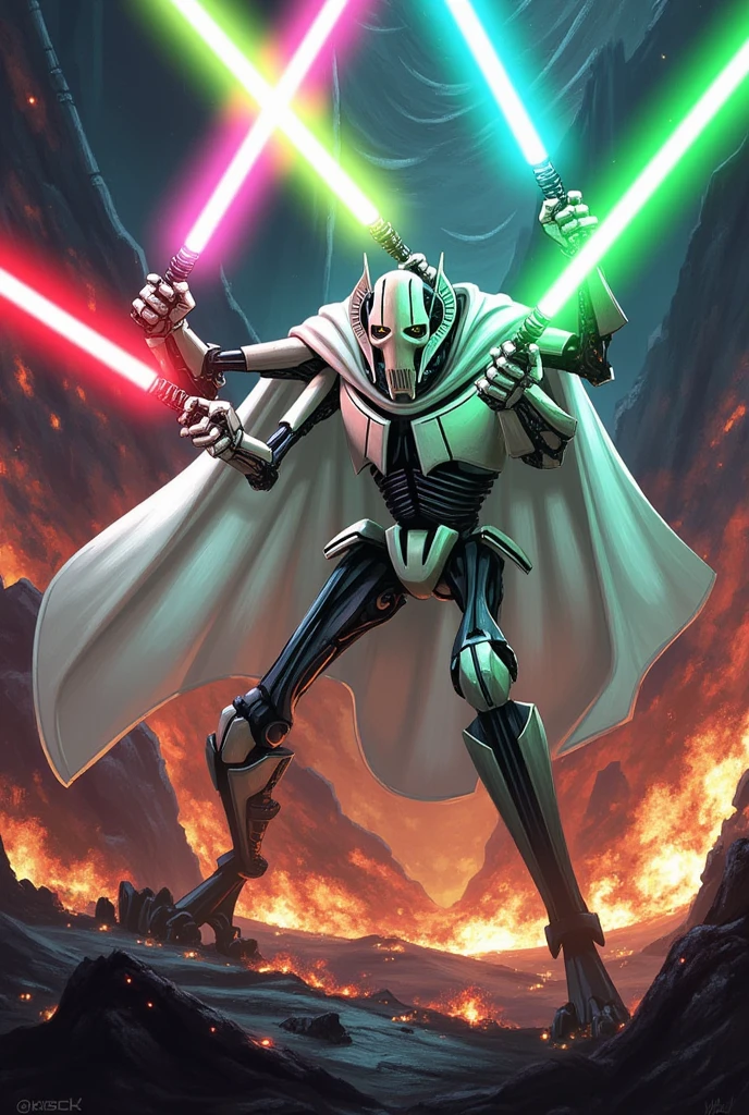 GeneralGrievous,General Grievous wields multiple lightsabers(red,blue,green)and engages in intense combat against a backdrop of explosions and flames. He wears a white cape,(GeneralGrievous,cyborg,alien,mask,reptilian eyes,slit pupils:1.3), robot science fiction,holding weapon,(four arms with glowing lightsabers:1.2),(attacking, swinging laser swords:1.3),masterpiece,best quality,ultra detailed,8k portrait,highly detailed,super detailed skin,highly detailed background