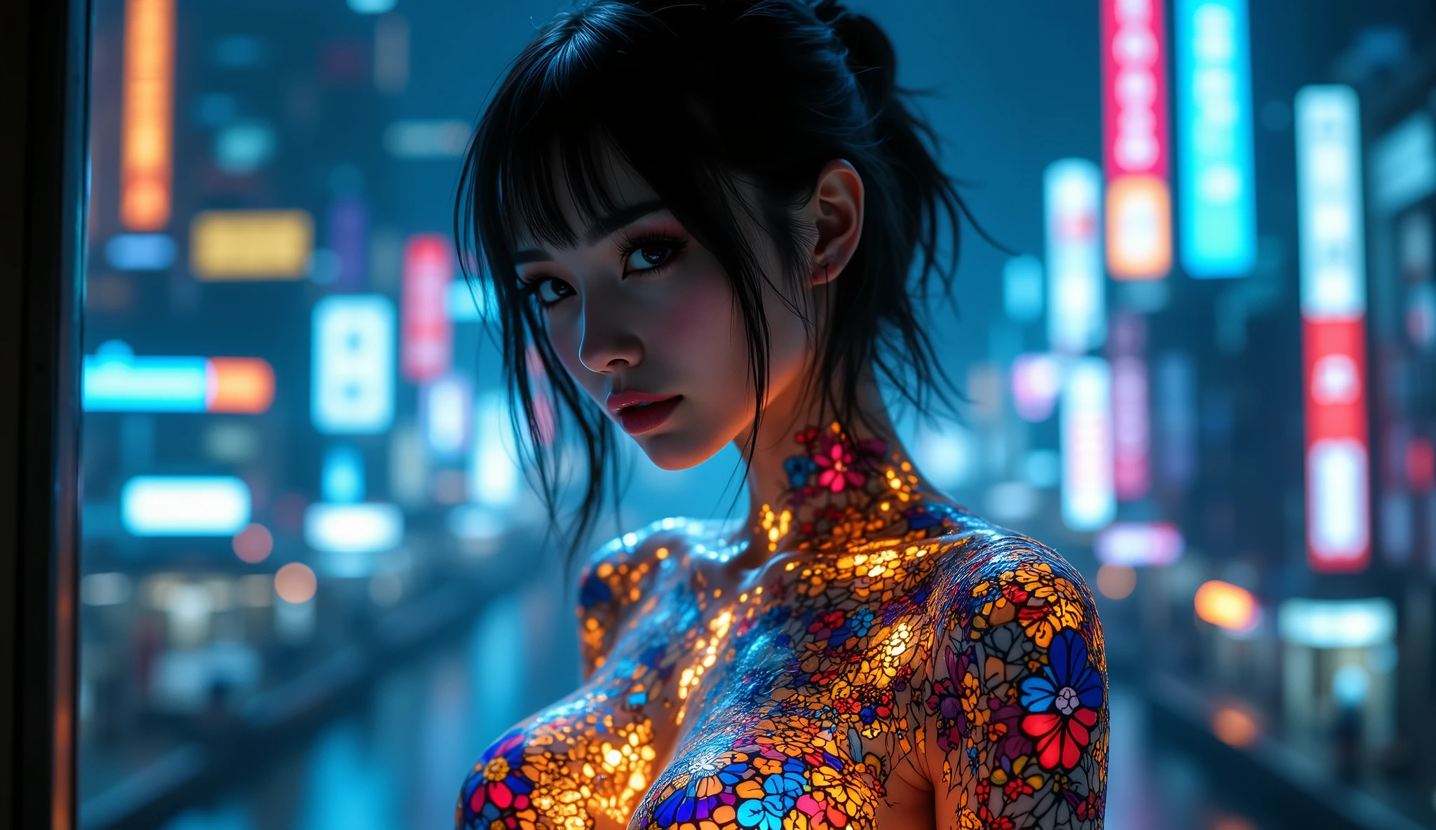 A breathtaking 8k UHD photoshot of a stunning cyberpunk-inspired cyborg with a translucent glowing glass body, showing the intricate clockwork mechanisms and intertwined pink flowers. The cyborg's brown eyes capture the viewer's attention, while her flowing hair and wide hips exude an air of elegance. The futuristic city serves as a backdrop, reflecting the amber glow emanating from the cyborg's body. Ultra-realistic hyper-detailed face and fluid movement create a sense of depth and realism. The image is a mesmerizing blend of fashion photoshotgraphy, 3D rendering, and portrait photoshotgraphy, capturing the beauty and complexity of this captivating character., 3D rendering, photoshot, portrait photoshotgraphy