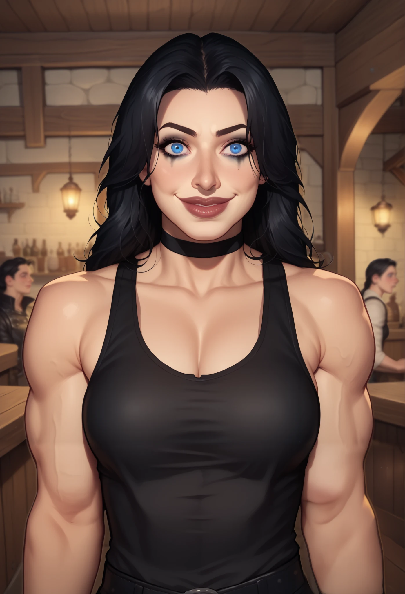 (((beautiful, high quality, comics style, detailed face))), score_9, score_8_up, score_7_up, BREAK, human, ((bignoselady, large nose, aquiline)), thick lips, goth girl aesthetic, jacked, beefy, muscular,sexy face, full makeup, crazy smile:1.4, wearing black choker, oversized leather, tank top, black hair, crazy eyes, large eyes, blue eyes, FLEXING, looking at the viewer, front view, solo:1.4, tavern, fantasy, blurred background, (dynamic lighting:1.1) ((masterpiece)), Expressiveh, detailxl