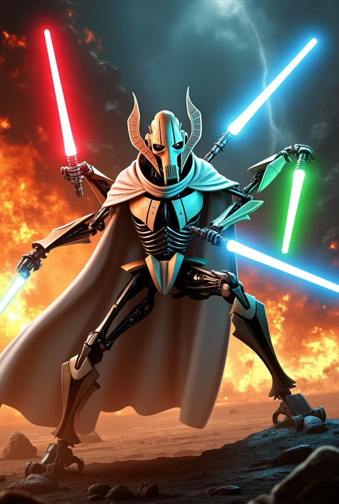 GeneralGrievous,General Grievous wields multiple lightsabers(red,blue,green)and engages in intense combat against a backdrop of explosions and flames. He wears a white cape,(GeneralGrievous,cyborg,alien,mask,reptilian eyes,slit pupils:1.3), robot science fiction,holding weapon,(four arms with glowing lightsabers:1.2),(attacking, swinging laser swords:1.3),masterpiece,best quality,ultra detailed,8k portrait,highly detailed,super detailed skin,highly detailed background