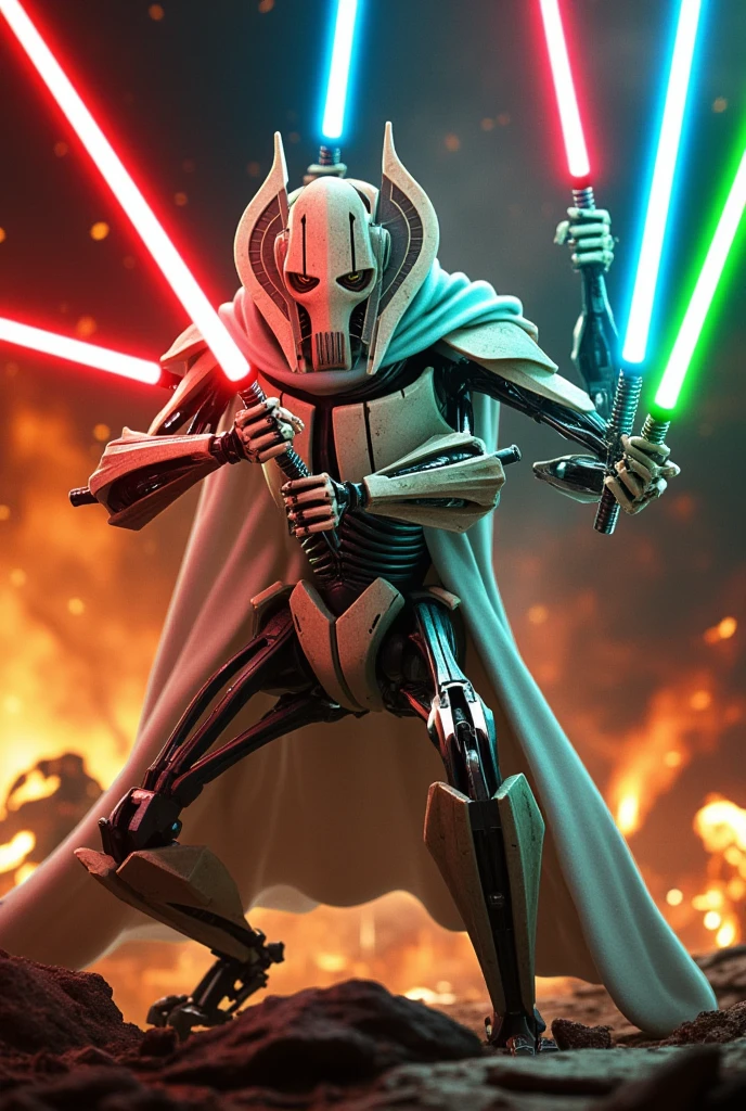 GeneralGrievous,General Grievous wields multiple lightsabers(red,blue,green)and engages in intense combat against a backdrop of explosions and flames. He wears a white cape,(GeneralGrievous,cyborg,alien,mask,reptilian eyes,slit pupils:1.3), robot science fiction,holding weapon,(four arms with glowing lightsabers:1.2),(attacking, swinging laser swords:1.3),masterpiece,best quality,ultra detailed,8k portrait,highly detailed,super detailed skin,highly detailed background