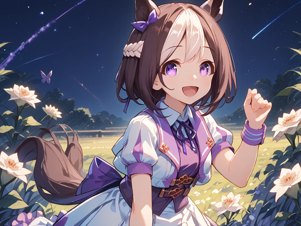 best quality, absurdres, masterpiece, 1人の女の子
special week \(Uma Musume\), 
ear bow, purple bow, puffy short sleeves, neck ribbon, blue ribbon, cropped jacket, white jacket, two-tone jacket, collared shirt, white shirt, purple vest, wristband, wrist cuffs, white skirt, pleated skirt, two-tone skirt, frilled skirt, frills,   zettai ryouiki, white thighhighs, white footwear, purple footwear, asymmetrical footwear, mismatched footwear, Durable sneakers, looking at viewer, in the field of flowers, surrounded by stars and stardust, at midnight, from front, moonlight, happy, laughing, tall, 30-year-old, adult, cute, beautiful, standing, upper body