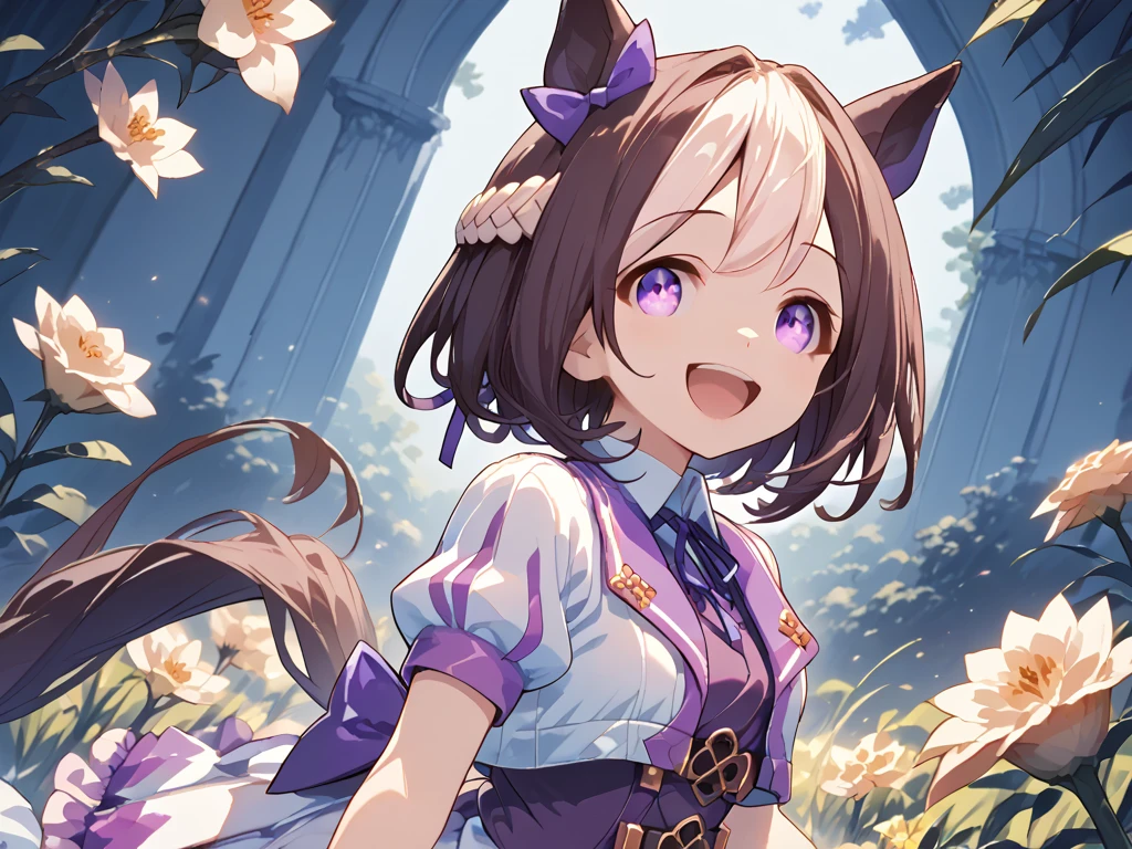 best quality, absurdres, masterpiece, 1人の女の子
special week \(Uma Musume\), 
ear bow, purple bow, puffy short sleeves, neck ribbon, blue ribbon, cropped jacket, white jacket, two-tone jacket, collared shirt, white shirt, purple vest, wristband, wrist cuffs, white skirt, pleated skirt, two-tone skirt, frilled skirt, frills,   zettai ryouiki, white thighhighs, white footwear, purple footwear, asymmetrical footwear, mismatched footwear, Durable sneakers, looking at viewer, in the field of flowers, surrounded by stars and stardust, at midnight, from front, moonlight, happy, laughing, tall, 30-year-old, adult, cute, beautiful, standing, upper body