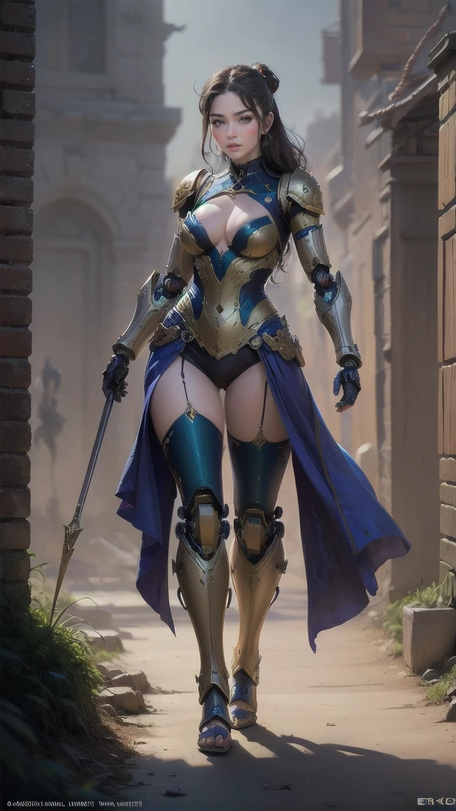 Girl, big ass, big breasts, blue hair, blue and red armor, spear, high thighs, a pistol, War background, starry sky, short hair, gold chains