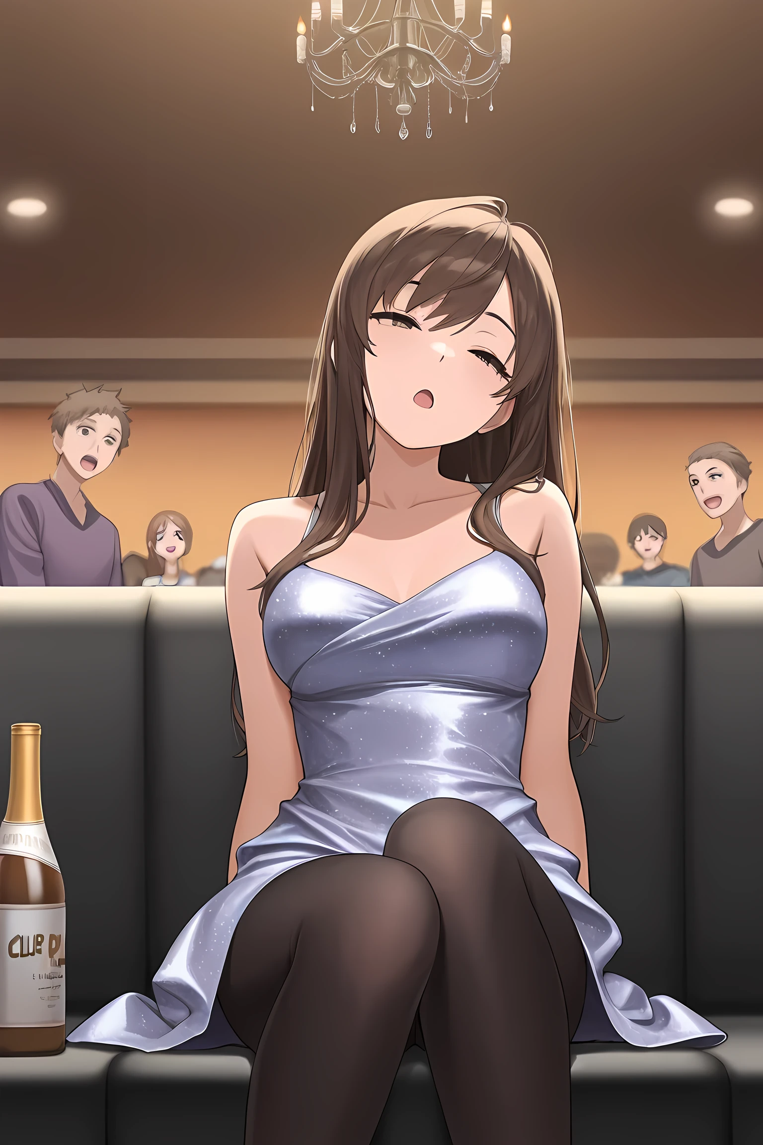 masterpiece, best quality,1girl,{sleepy:2.0}, black tights, open mouth, party dress, eyes open, club, official art, brown hair, long hair, sitting, bored, head tilt