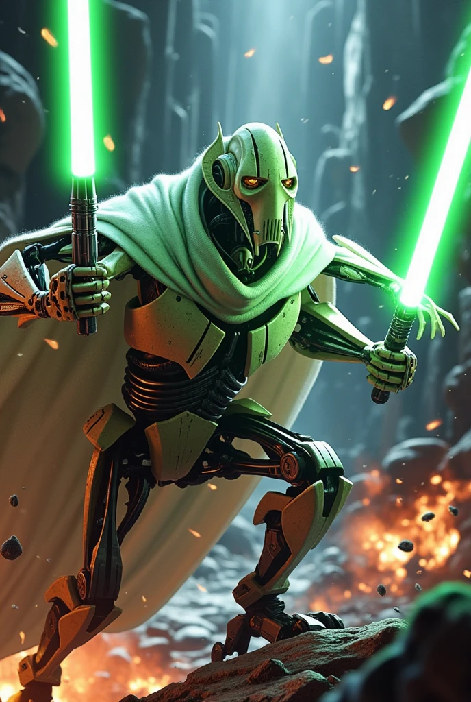 GeneralGrievous,General Grievous wields multiple lightsabers(red,blue,green)and engages in intense combat against a backdrop of explosions and flames. He wears a white cape,(GeneralGrievous,cyborg,alien,mask,reptilian eyes,slit pupils:1.3), robot science fiction,holding weapon,(four arms with glowing lightsabers:1.2),(attacking, swinging laser swords:1.3),masterpiece,best quality,ultra detailed,8k portrait,highly detailed,super detailed skin,highly detailed background