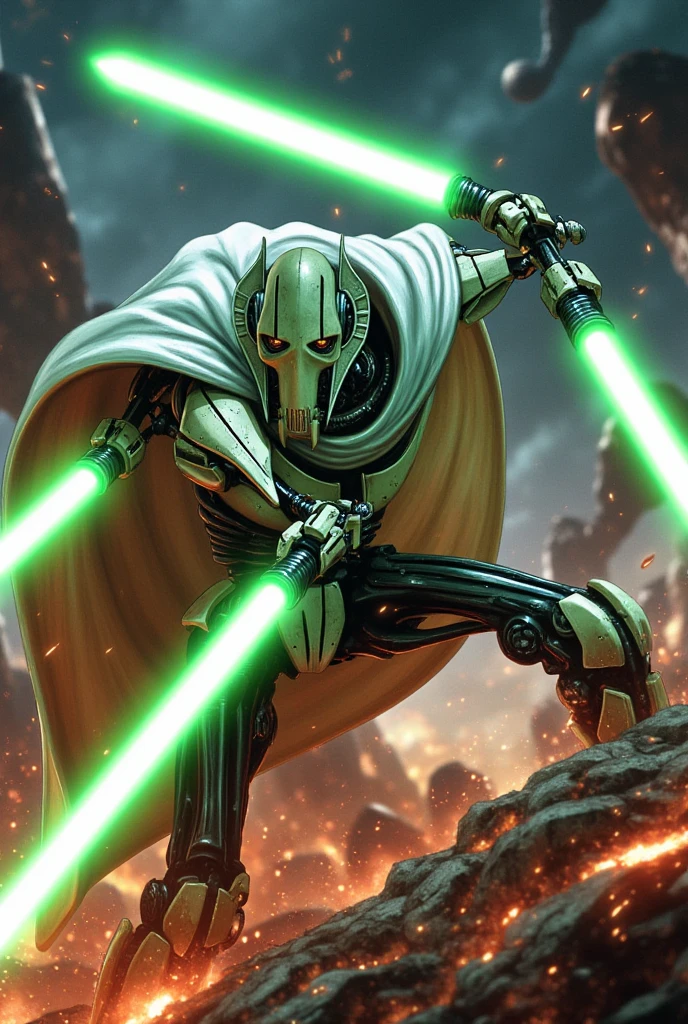 GeneralGrievous,General Grievous wields multiple lightsabers,and engages in intense combat against a backdrop of explosions and flames. He wears a white cape,(GeneralGrievous,cyborg,alien,mask,reptilian eyes,slit pupils:1.3), robot science fiction,holding weapon,(four arms with glowing lightsabers:1.2),(attacking,swinging laser swords:1.3),dynamic actions,masterpiece,best quality,ultra detailed,8k portrait,highly detailed,super detailed skin,highly detailed background