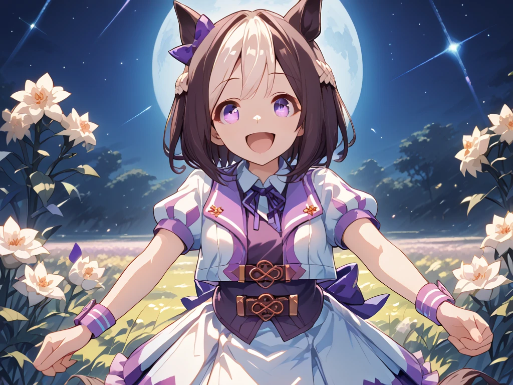 best quality, absurdres, masterpiece, 1人の女の子
special week \(Uma Musume\), 
ear bow, purple bow, puffy short sleeves, neck ribbon, blue ribbon, cropped jacket, white jacket, two-tone jacket, collared shirt, white shirt, purple vest, wristband, wrist cuffs, white skirt, pleated skirt, two-tone skirt, frilled skirt, frills,   zettai ryouiki, white thighhighs, white footwear, purple footwear, asymmetrical footwear, mismatched footwear, Durable sneakers, looking at viewer, in the field of flowers, surrounded by stars and stardust, at midnight, from front, moonlight, happy, laughing, tall, 30-year-old, adult, cute, beautiful, standing, upper body