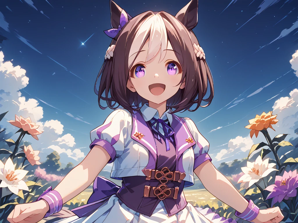 best quality, absurdres, masterpiece, 1人の女の子
special week \(Uma Musume\), 
ear bow, purple bow, puffy short sleeves, neck ribbon, blue ribbon, cropped jacket, white jacket, two-tone jacket, collared shirt, white shirt, purple vest, wristband, wrist cuffs, white skirt, pleated skirt, two-tone skirt, frilled skirt, frills,   zettai ryouiki, white thighhighs, white footwear, purple footwear, asymmetrical footwear, mismatched footwear, Durable sneakers, looking at viewer, in the field of flowers, surrounded by stars and stardust, at midnight, from front, moonlight, happy, laughing, tall, 30-year-old, adult, cute, beautiful, standing, upper body