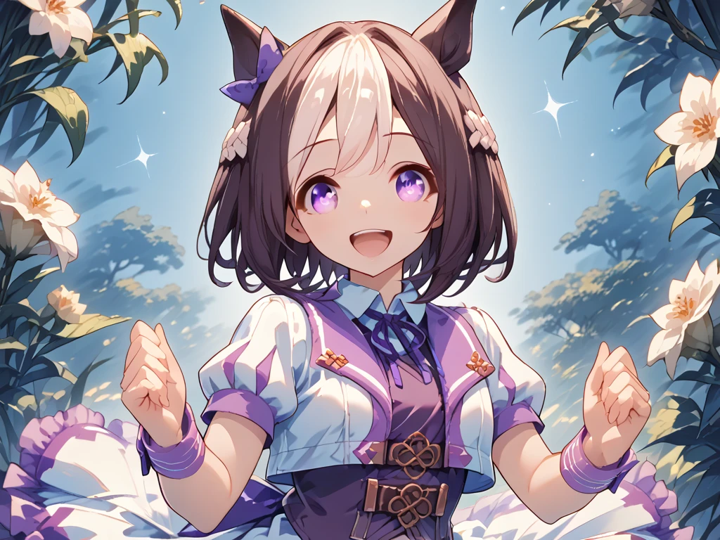 best quality, absurdres, masterpiece, 1人の女の子
special week \(Uma Musume\), 
ear bow, purple bow, puffy short sleeves, neck ribbon, blue ribbon, cropped jacket, white jacket, two-tone jacket, collared shirt, white shirt, purple vest, wristband, wrist cuffs, white skirt, pleated skirt, two-tone skirt, frilled skirt, frills,   zettai ryouiki, white thighhighs, white footwear, purple footwear, asymmetrical footwear, mismatched footwear, Durable sneakers, looking at viewer, in the field of flowers, surrounded by stars and stardust, at midnight, from front, moonlight, happy, laughing, tall, 30-year-old, adult, cute, beautiful, standing, upper body