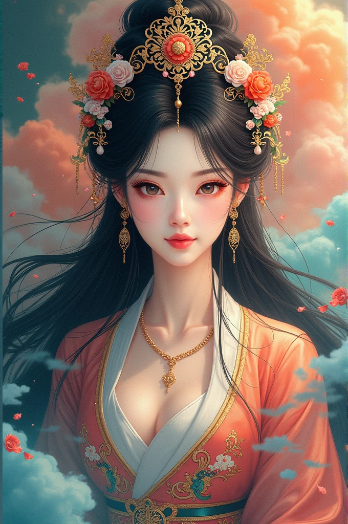 A traditional Chinese goddess、 Superb Beautiful Faces 、 Beautiful Costumes and Decorations 、 long black hair 、 Flowing Colourful Clouds、 high image quality、masterpiece、