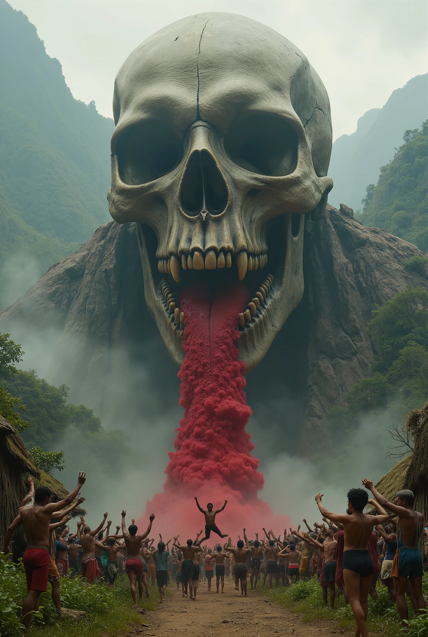 A giant evil, disgusting skull up on a rock platform throws up 10,000 gallons of blood, and the natives down below it go crazy. They cheer and celebrate as their God regurgitates blood
Photo-realistic,ultra-detailed, realism,portrait photography,cinematic portrait, cinematic photography, UHDR, full focus, highest quality, cinematic lighting, masterpiece