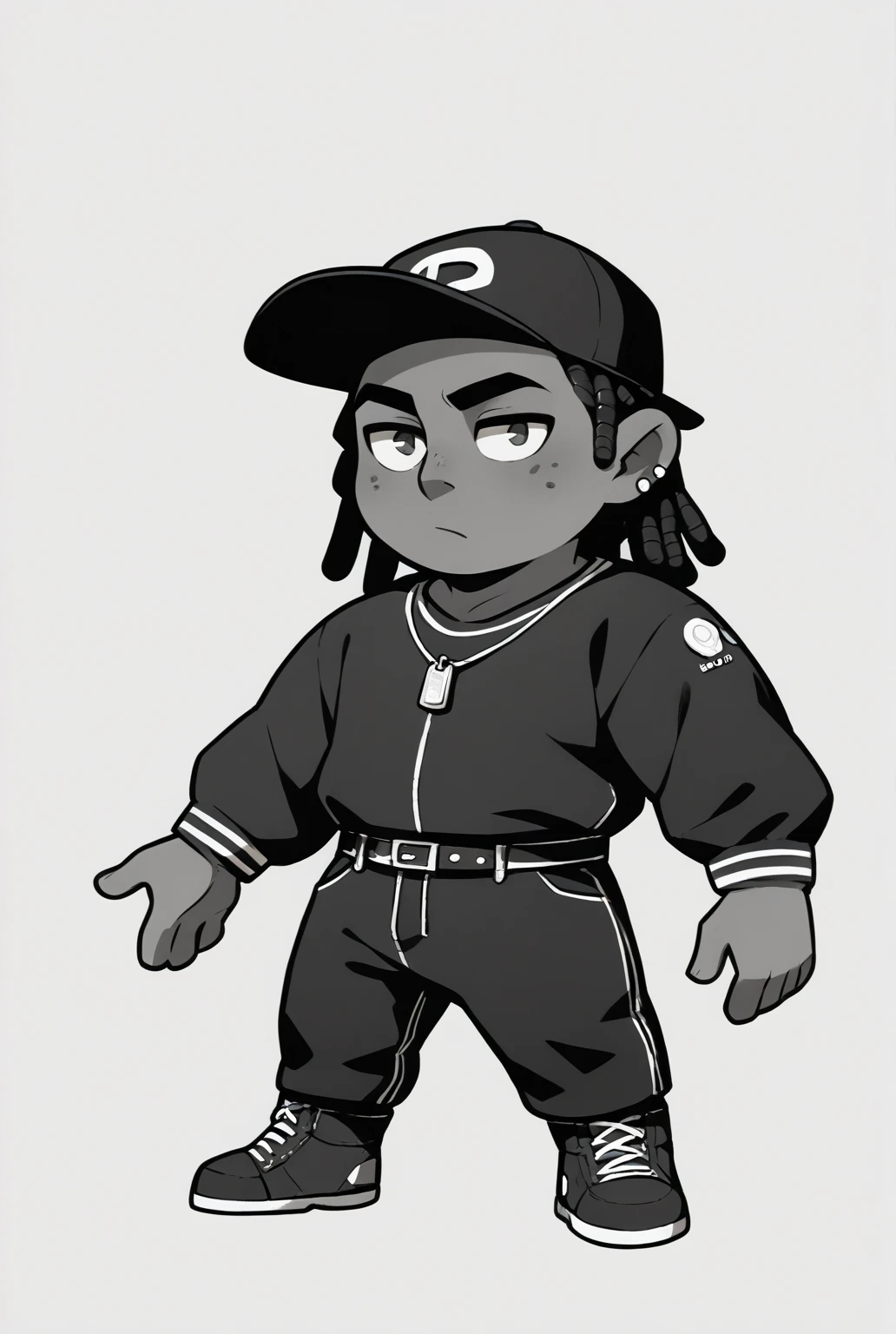 プロンプト例:
“A chibi-style male character with an anime art style, wearing a backward baseball cap and having dreadlocks. The character has an orange and black theme, dressed in a rapper-style outfit. 