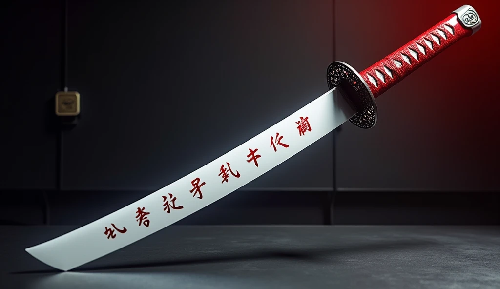 Realistic, Theme is "Pure white blade, crimson red handle and beautiful scabbard", Crimson red handle, Intricately decorated disc-shaped tsuba, Pure white blade is 90cm long, Crimson red characters are written vertically in kanji on the blade, Scabbard is lacquered with glossy black, Sophisticated design, Advanced lighting technique, Live action photography 8K quality