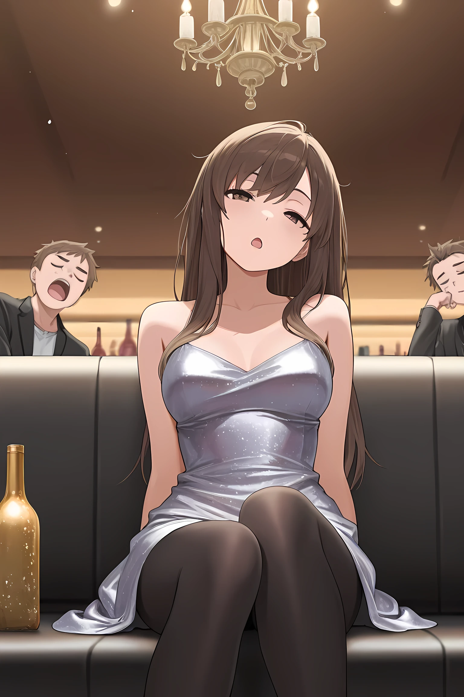 masterpiece, best quality,1girl,{sleepy:2.0}, black tights, open mouth, party dress, eyes open, club, official art, brown hair, long hair, sitting, bored, head tilt