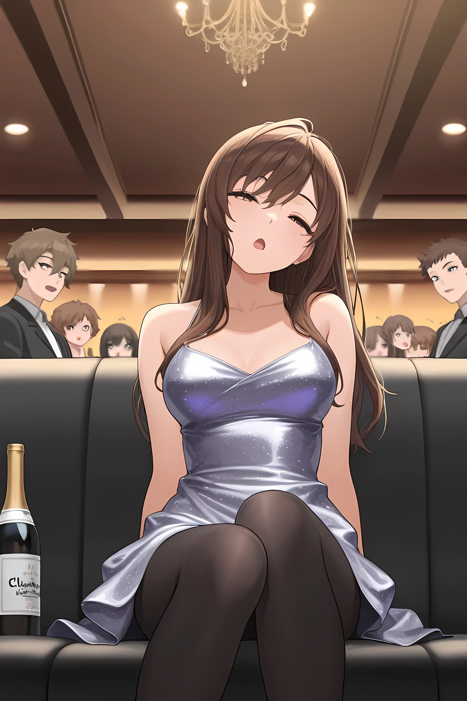 masterpiece, best quality,1girl,{sleepy:2.0}, black tights, open mouth, party dress, eyes open, club, official art, brown hair, long hair, sitting, bored, head tilt