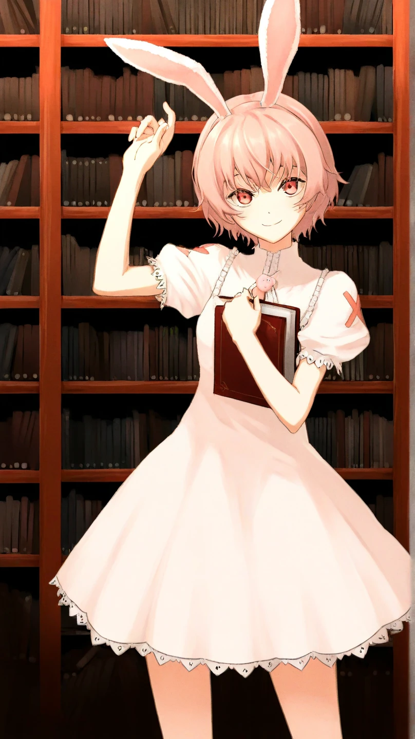 best quality, 1girl, rabbit ears, smile, dress, short hair, library