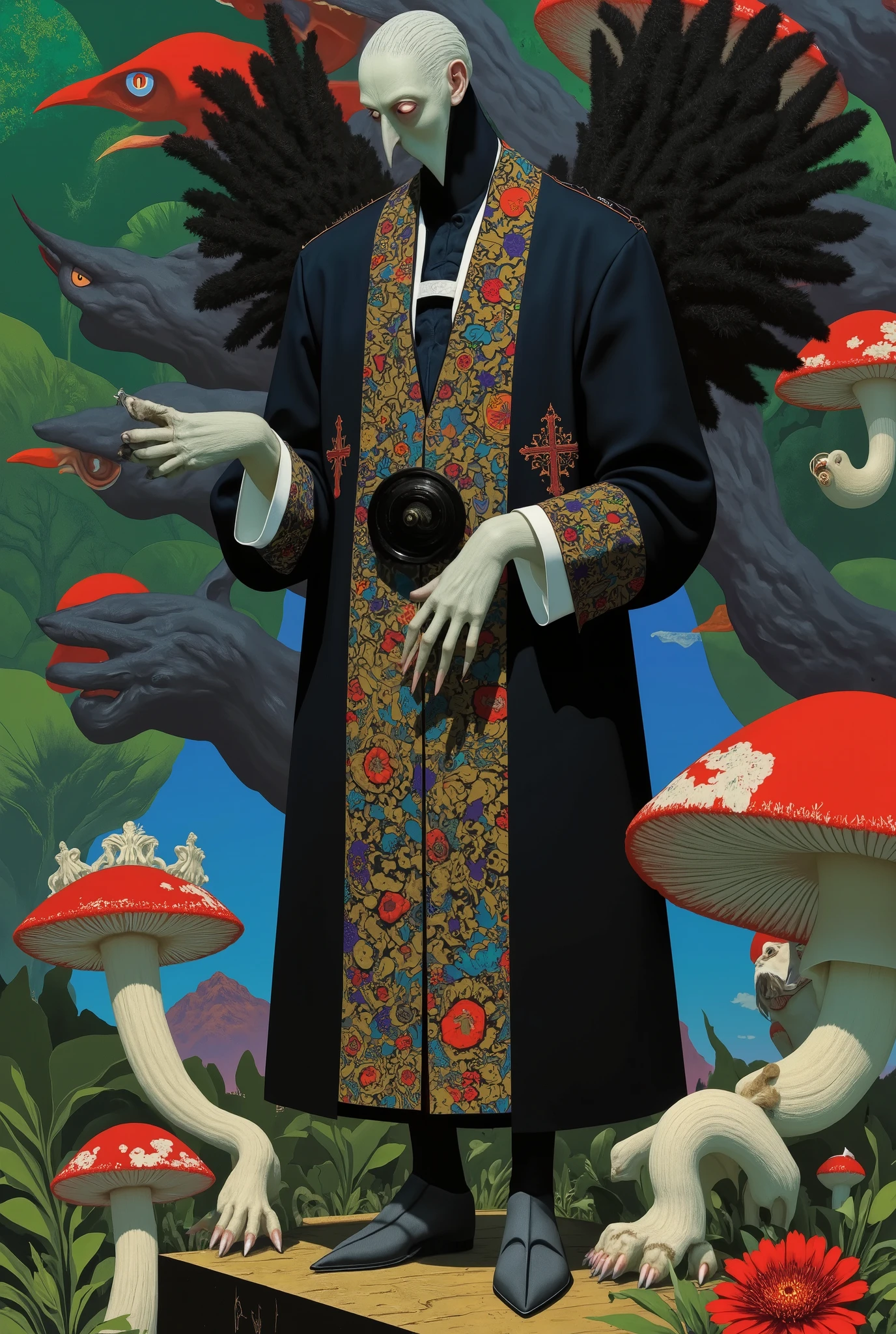 ilustración de un anthropomorphic raven con ropajes tableles (Neo-Catholicism ) (table), a religious censer hangs on one of its hands , the raven is standing on a giant mushroom , Dribbble illustration , anthropomorphic raven ( BEAUTIFUL AND DETAILED CLOTHING ) ( full body) (body profile) (Occult sorcery ), Fungus, inspired by Tim Biskup, Adobe Illustrator Art, in the style of digital illustration, Created in Adobe Illustrator, Behance vector hd ,, Fabulous Illustrations,, Occultism, A beautiful artistic illustration