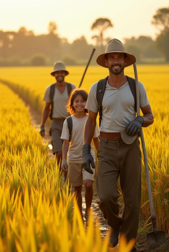 Boy accompanying his brother and father in a corn and bean plantation