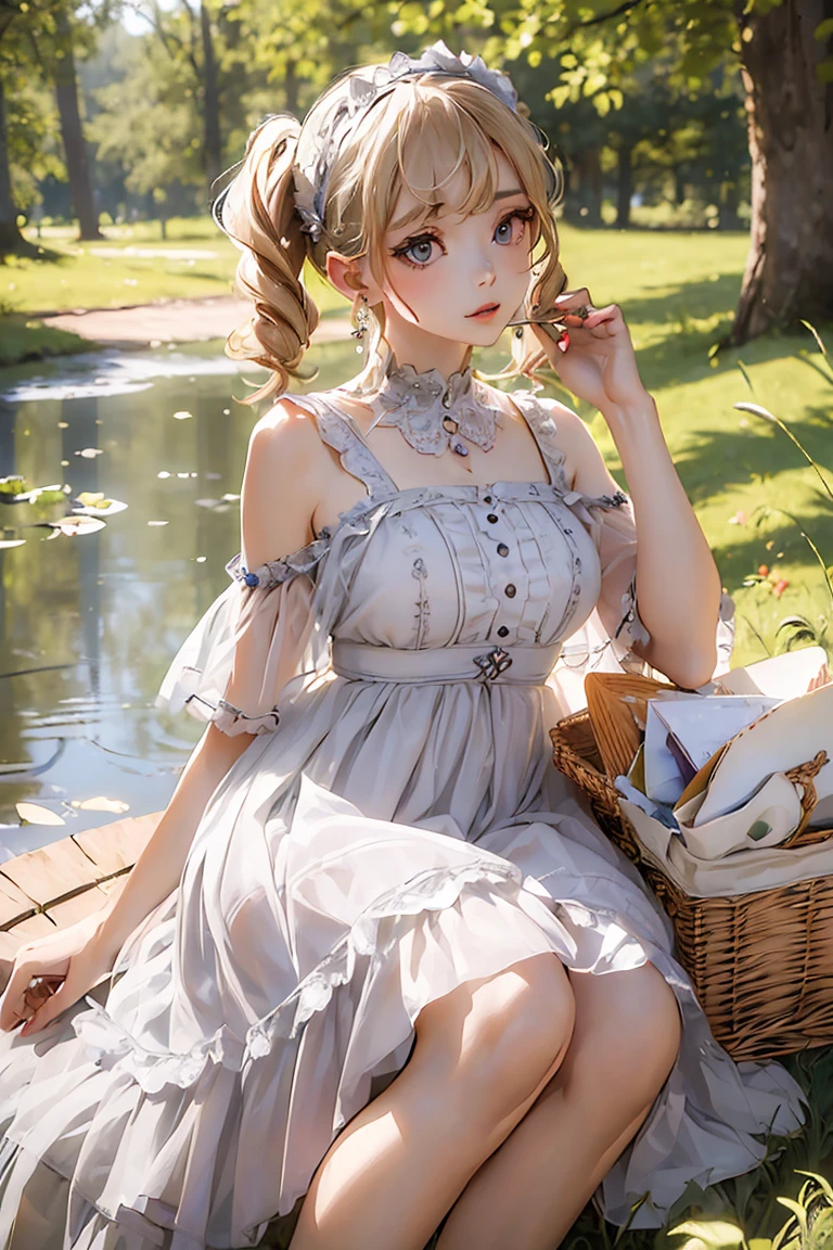 ((Best quality, 8k, Masterpiece: 1.3)), Sharp focus A beautiful woman with perfect body, Highly detailed face and skin texture, (Detailed eyes), picnic, white dress, jewelry, earrings, hairband, frill, blonde hair, long pigtails, Forest park with a large pond